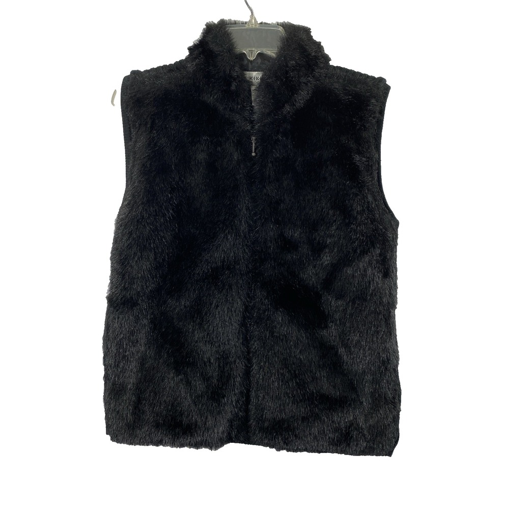 Vtg KIKIT Vest Women L Black Faux Fur Ribbed Knit Zip Up Funnel Neck Luxe Layer